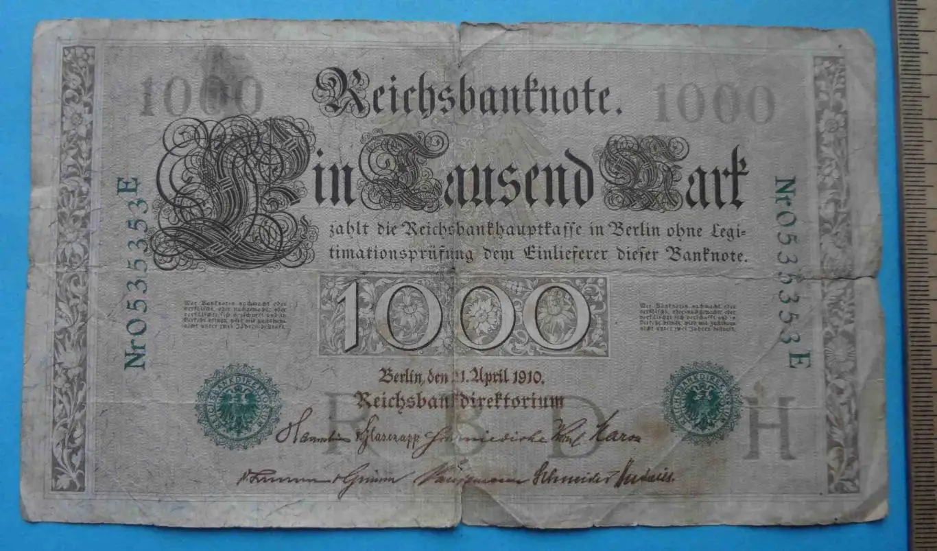 1000 марок Німеччина 1910 року зелені печатки 1