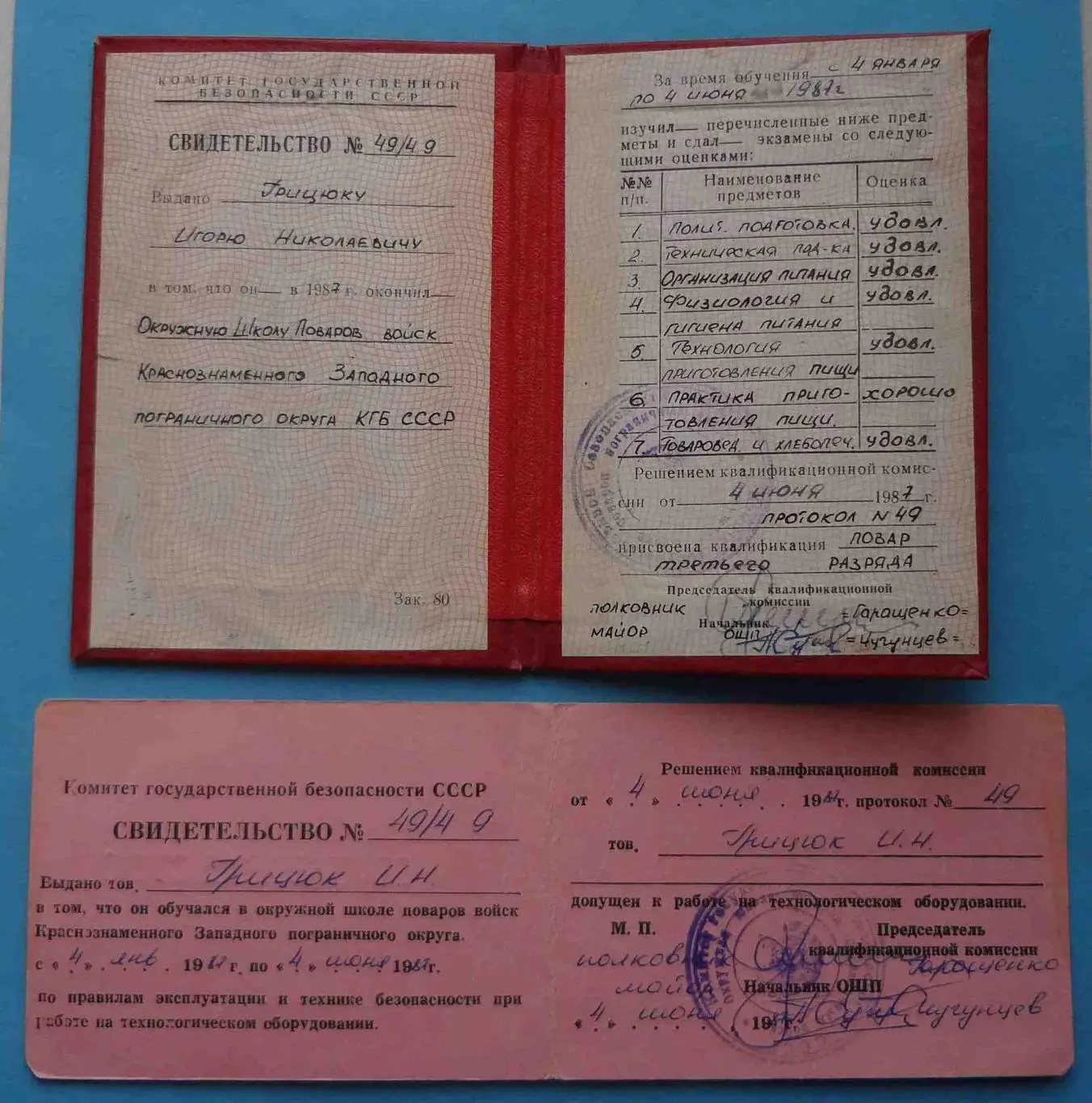 Свидетельство Западного пограничного округа КГБ СССР 1987 повар 2 шт (54) 1