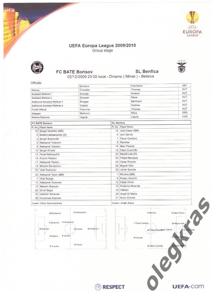 БАТЭ(Борисов, Беларусь) - Бенфика(Лиссабон, Португалия) - 02.12.2009 г. 1