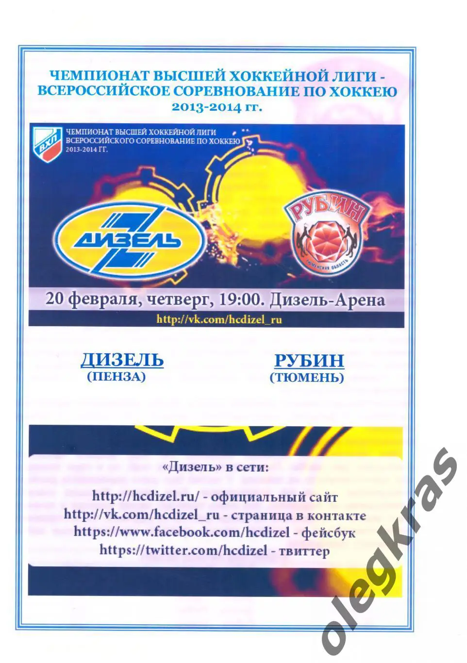 Дизель(Пенза) - Рубин(Тюмень) - 20 февраля 2014 года.