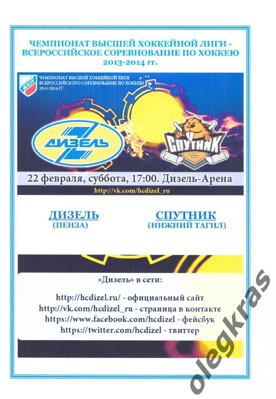 Дизель(Пенза) - Спутник(Нижний Тагил) - 22 февраля 2014 года.