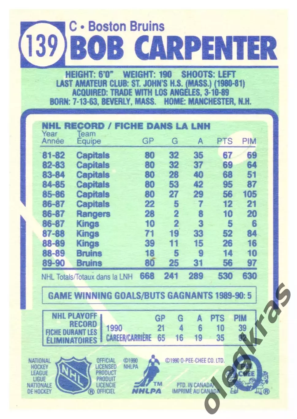 BOB CARPENTER Boston Bruins O - PEE - CHEE 139 1