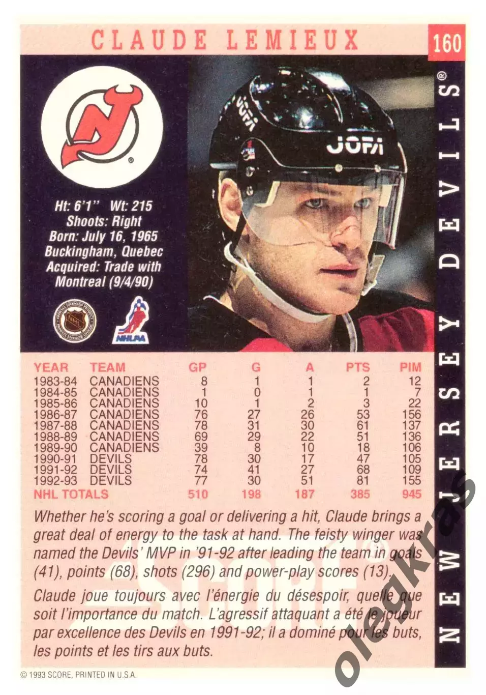 CLAUDE LEMIEUX New Jersey Devils SCORE 160 1