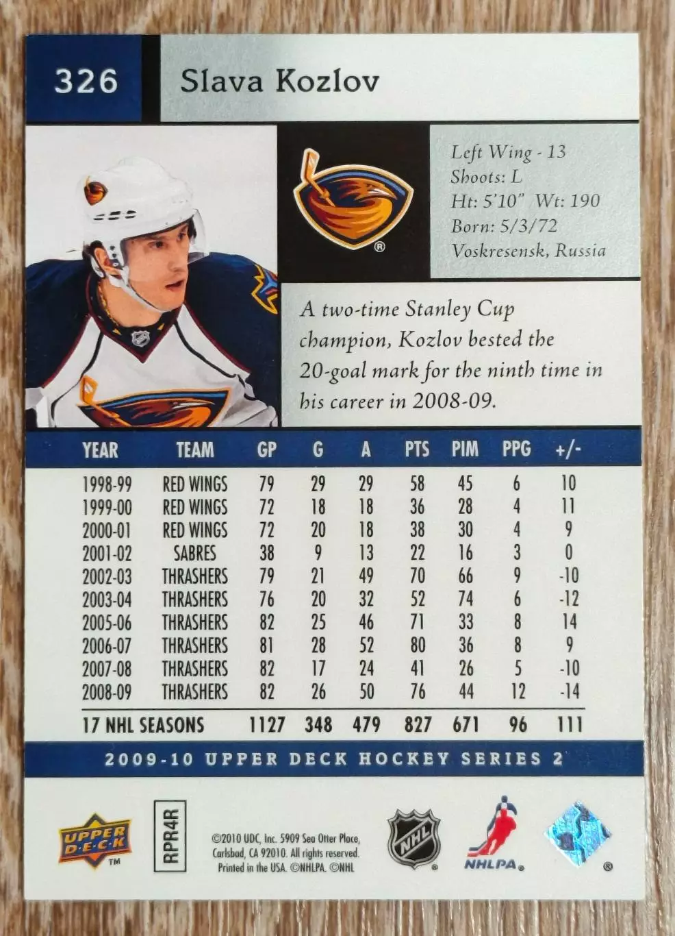 Карточка NHL. Вячеслав Козлов/Vyacheslav Kozlov Атланта 1