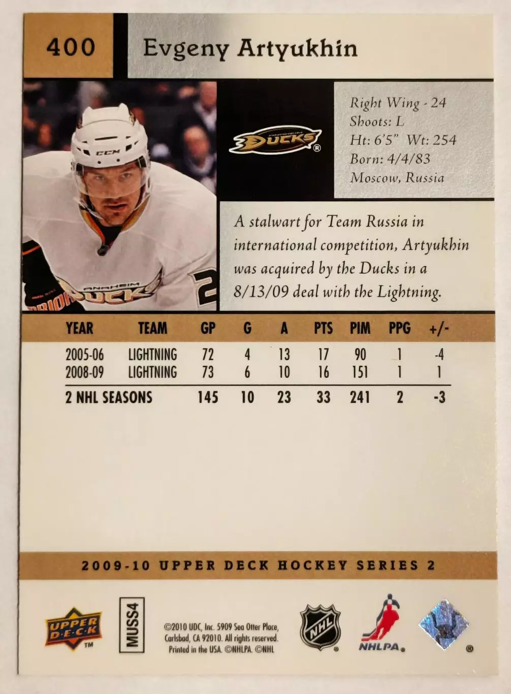 Карточка NHL. Евгений Артюхин/Evgeny Artyukhin Анахайм 1