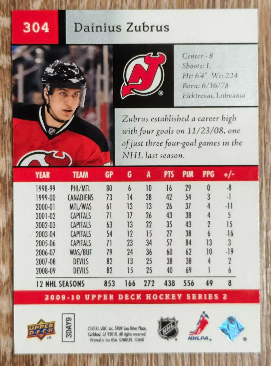 Карточка NHL. Дайнюс Зубрус/ Dainius Zubrus Нью-Джерси 1