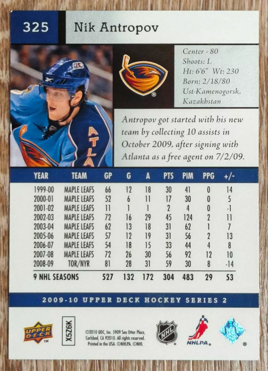 Карточка NHL. Николай Антропов/Nik Antropov Атланта 1