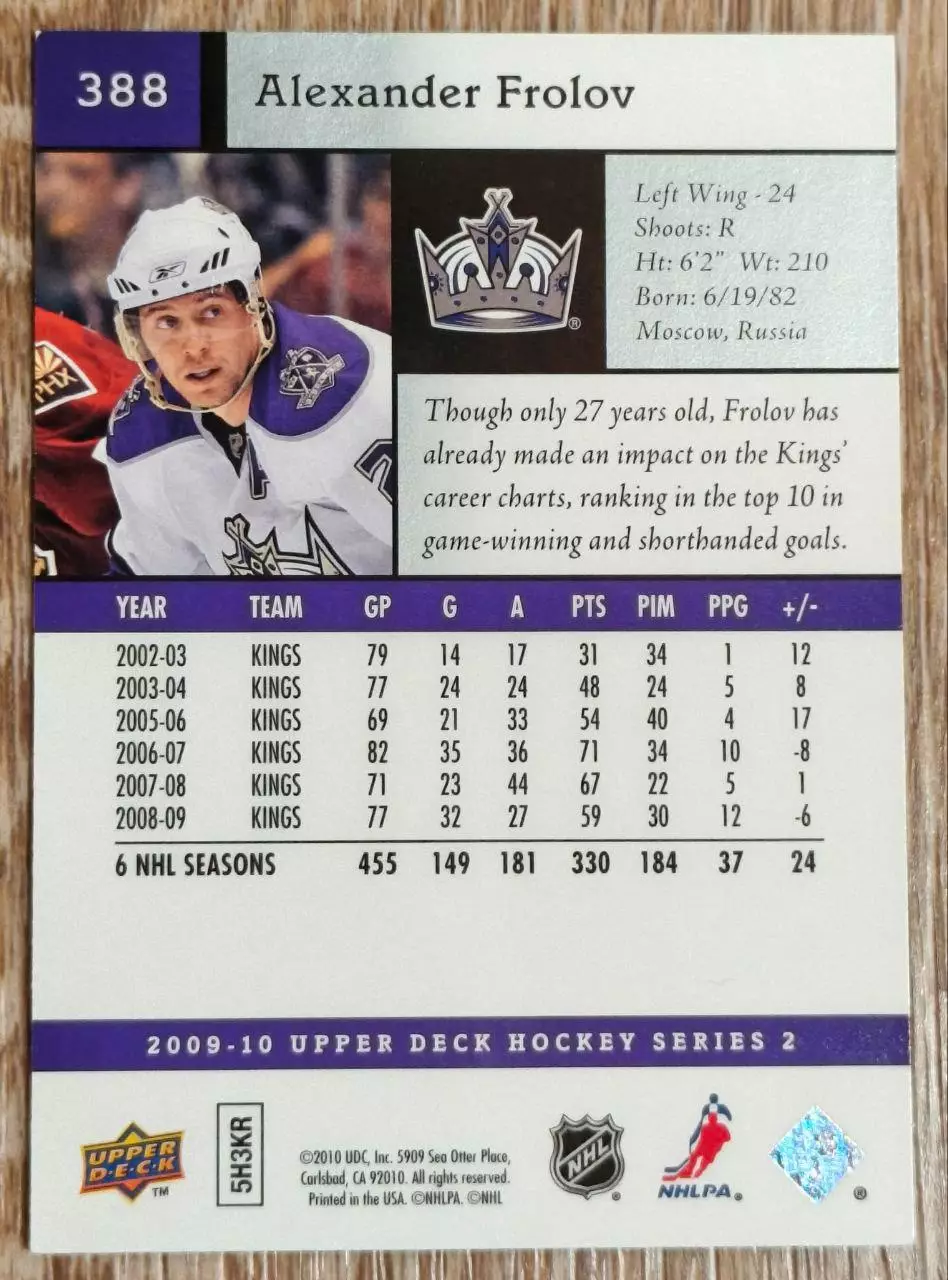 Карточка NHL. Александр Фролов/ Alexander Frolov Лос-Анджелес 1