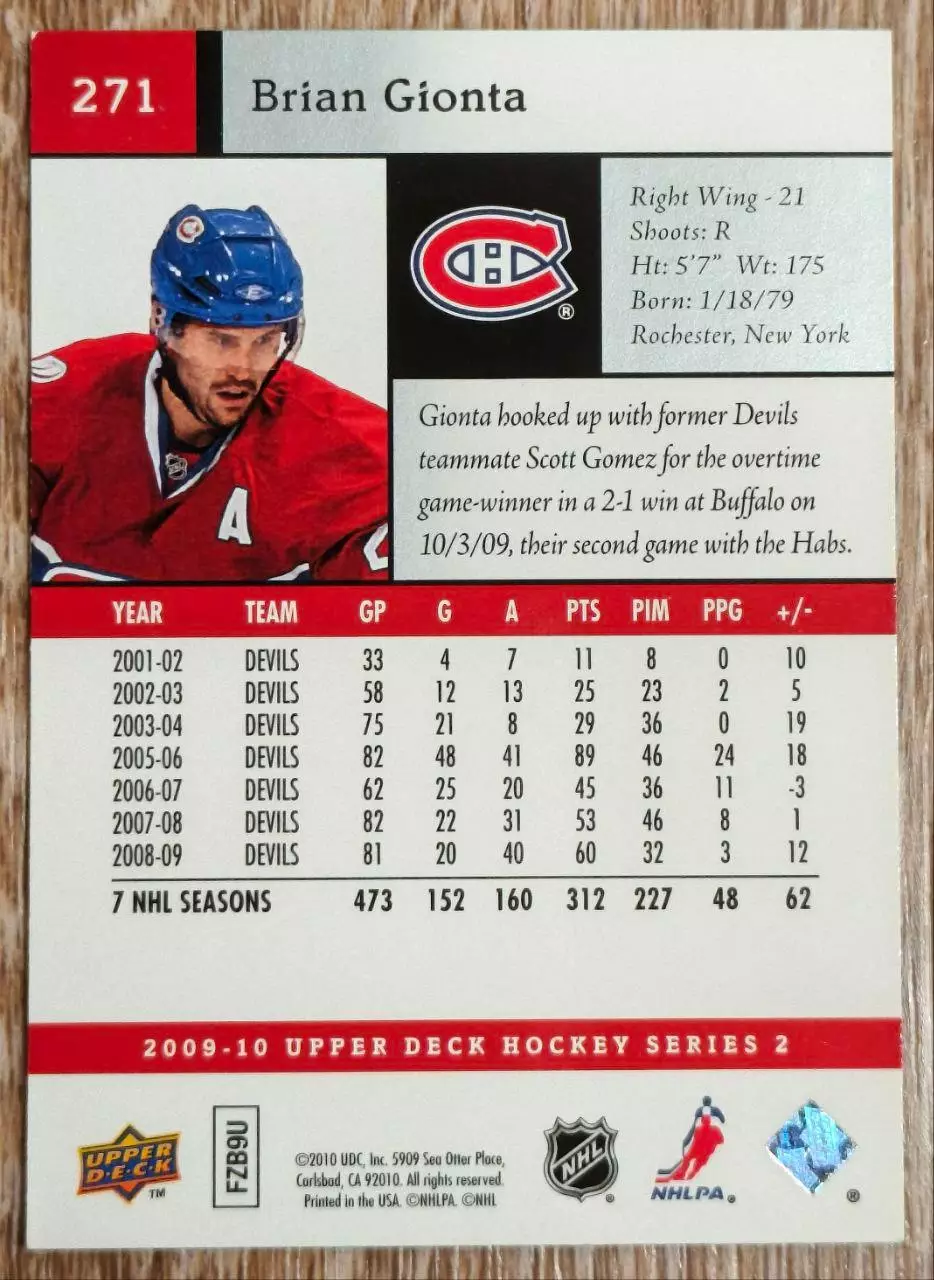 Карточка NHL. Брайан Джионта/Brian Gionta Монреаль 1