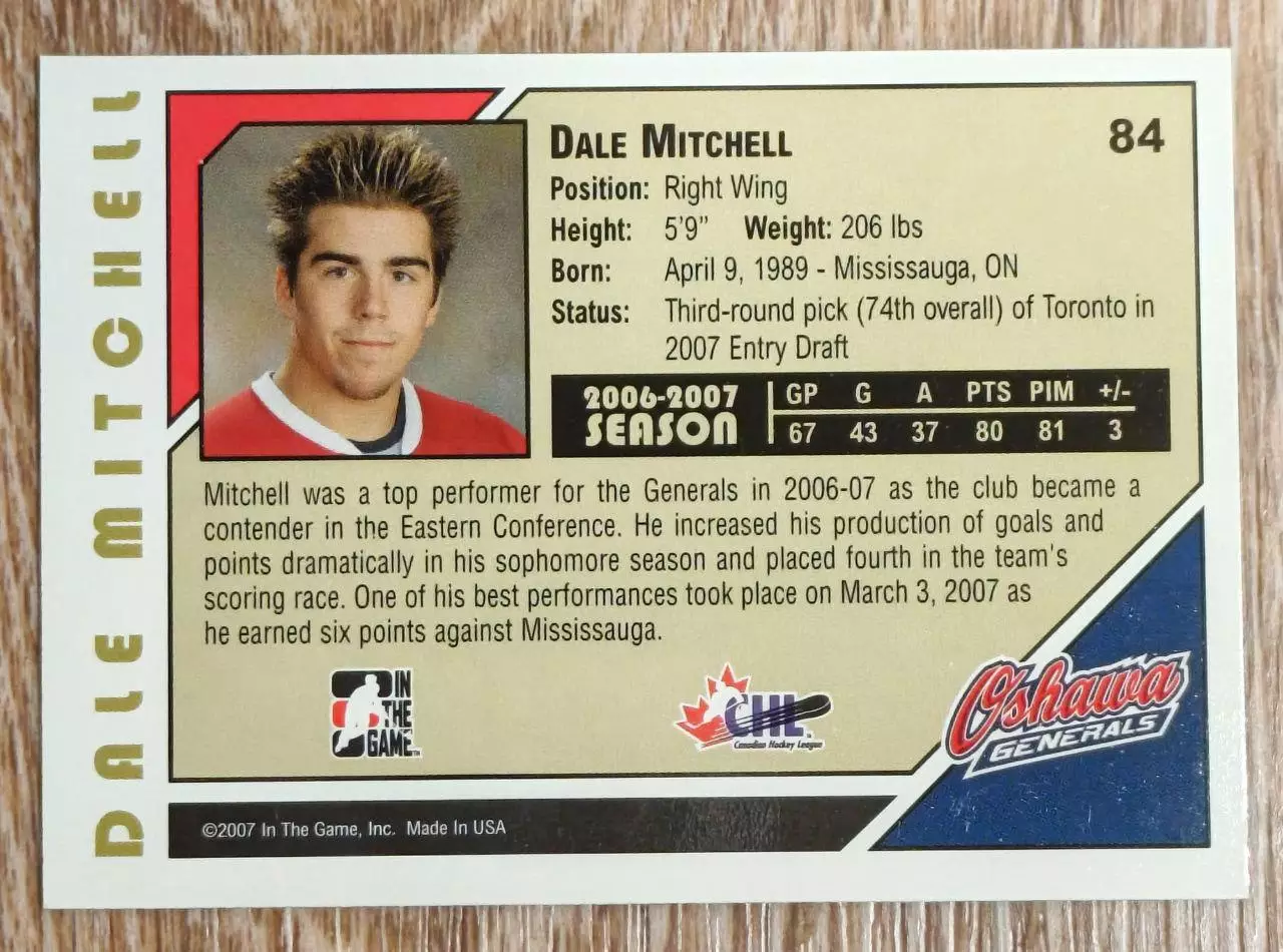 Карточка NHL. Дэйл Митчелл/Dale Mitchell Ошава/Oshawa 1