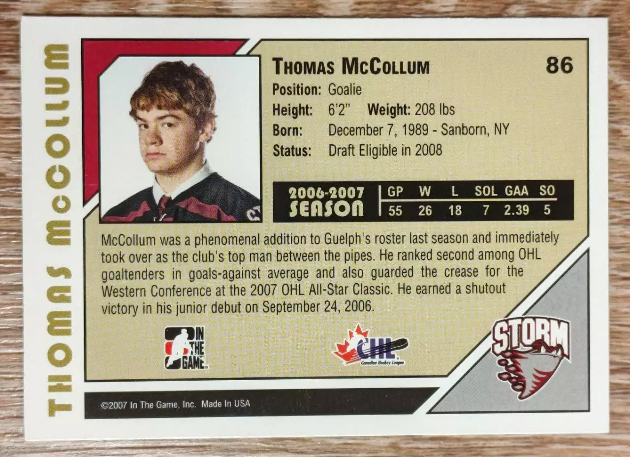 Карточка NHL. Томас Макколлум/Thomas McCollum Гелф/Guelph 1