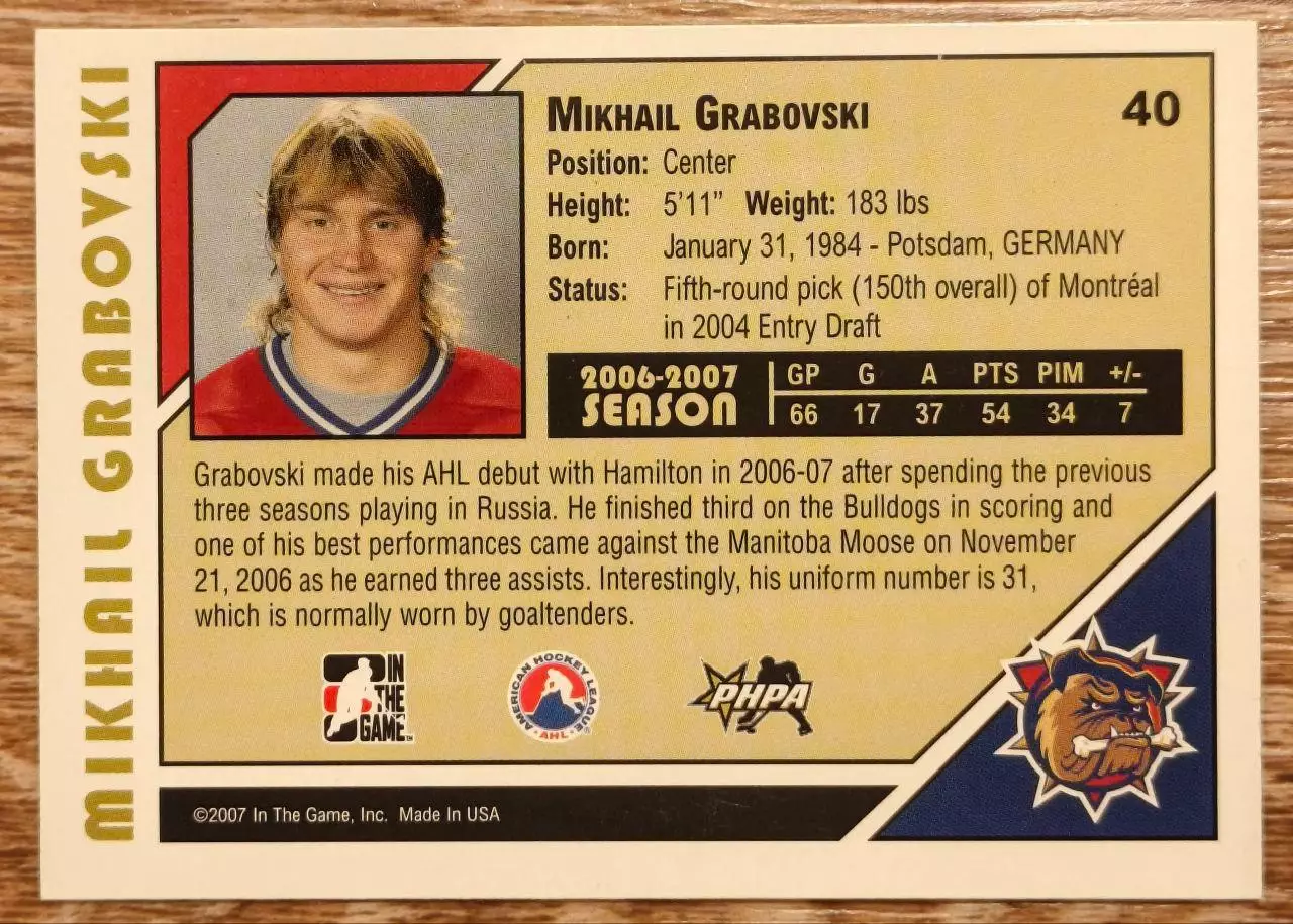 Карточка NHL. Михаил Грабовский/Mikhail Grabovski Гамильтон/Hamilton 1
