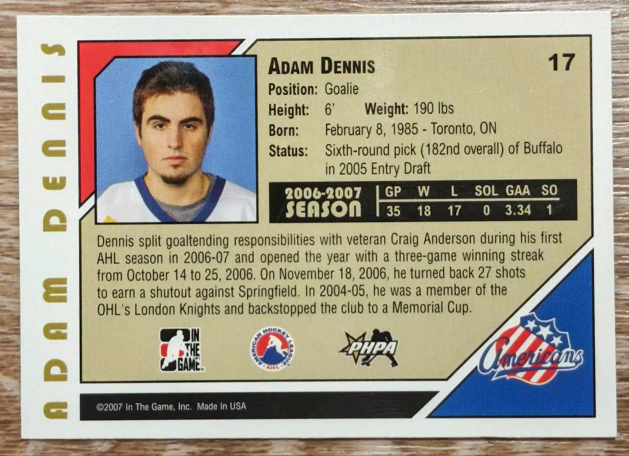 Карточка NHL. Адам Дэннис/Adam Dennis Рочестер/Rochester 1