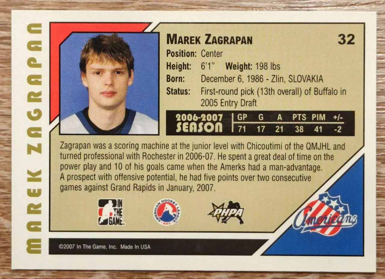 Карточка NHL. Марек Заграпан/Marek Zagrapan Рочестер/Rochester 1