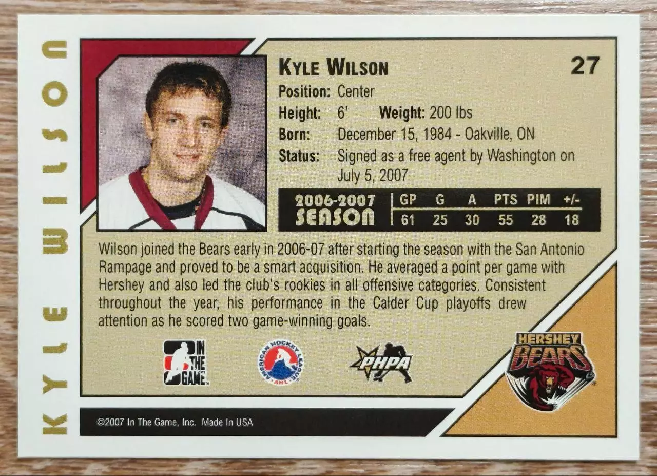 Карточка NHL. Кайл Уилсон/Kyle Wilson Херши/Hershey 1