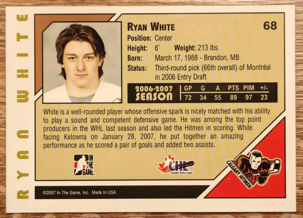 Карточка NHL. Райан Уайт/Ryan White Калгари/Calgary 1