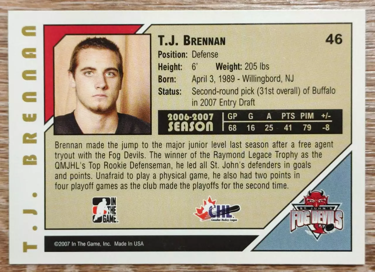 Карточка NHL. Ти-Джей Бреннан/T.J.Brennan Сент Джонс/St.John`s 1