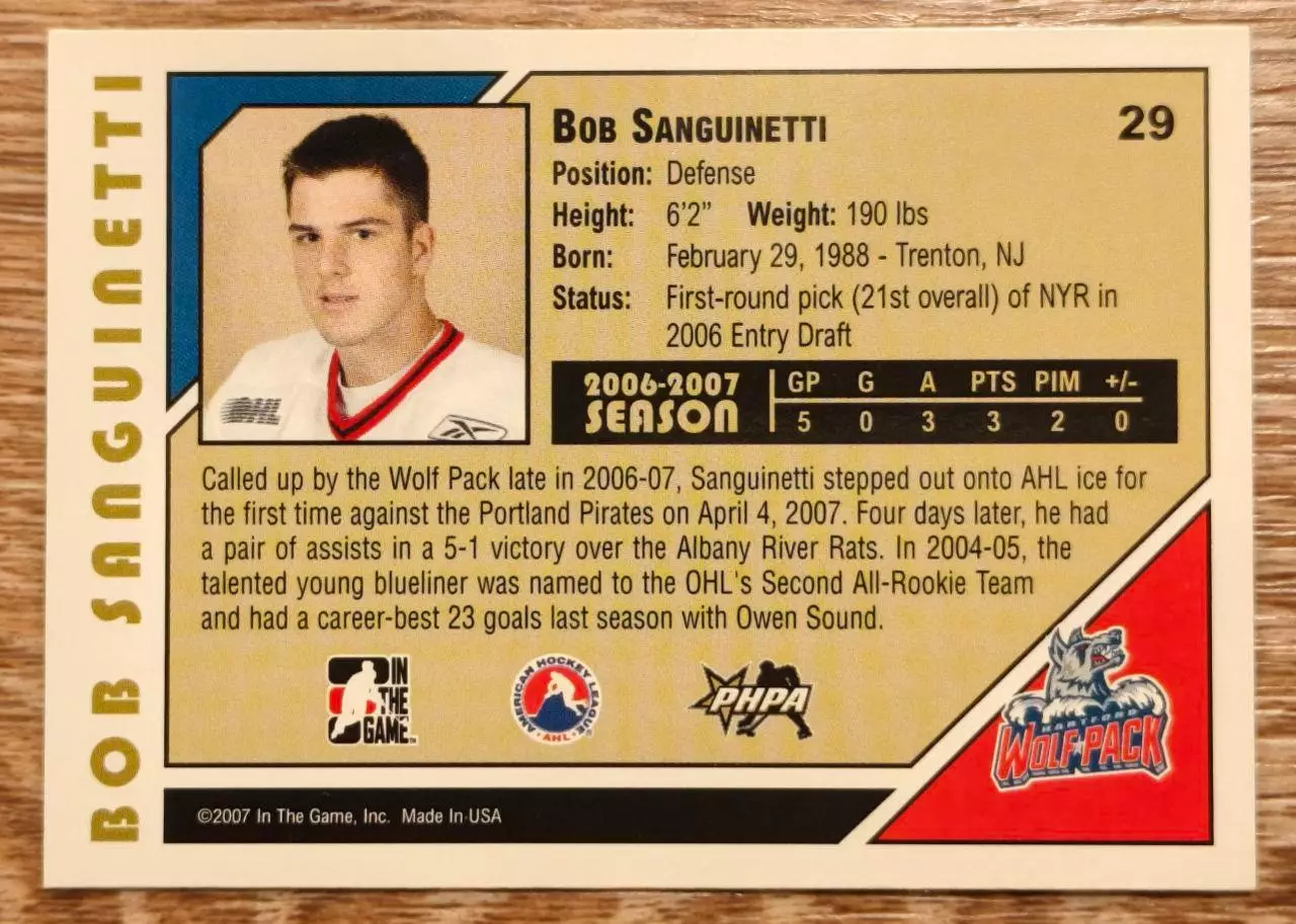 Карточка NHL. Боб Сангинетти/Bob Sanguinetti Хартфорд/Hartford 1