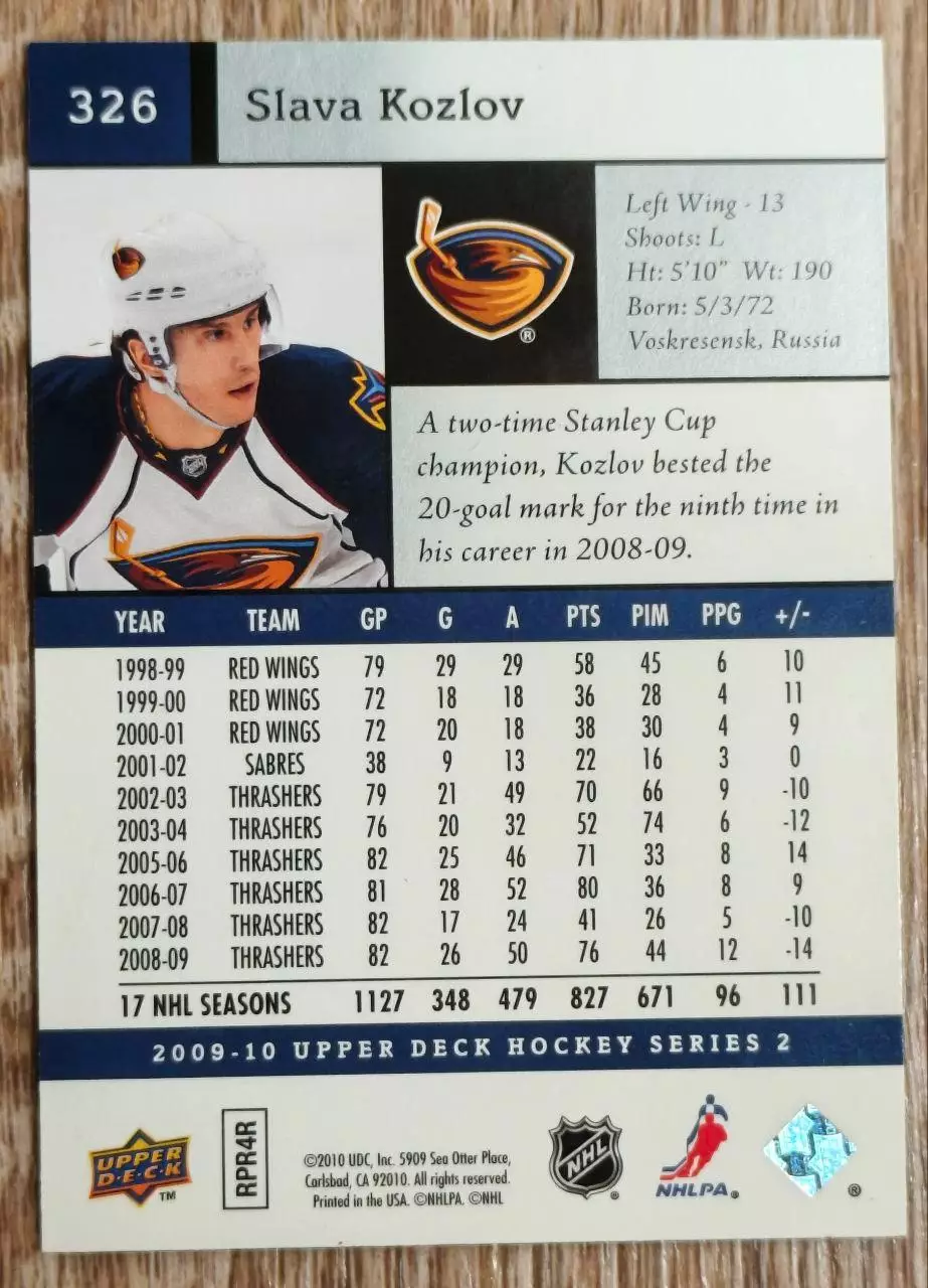 Карточка NHL. Вячеслав Козлов/Vyacheslav Kozlov Атланта 1