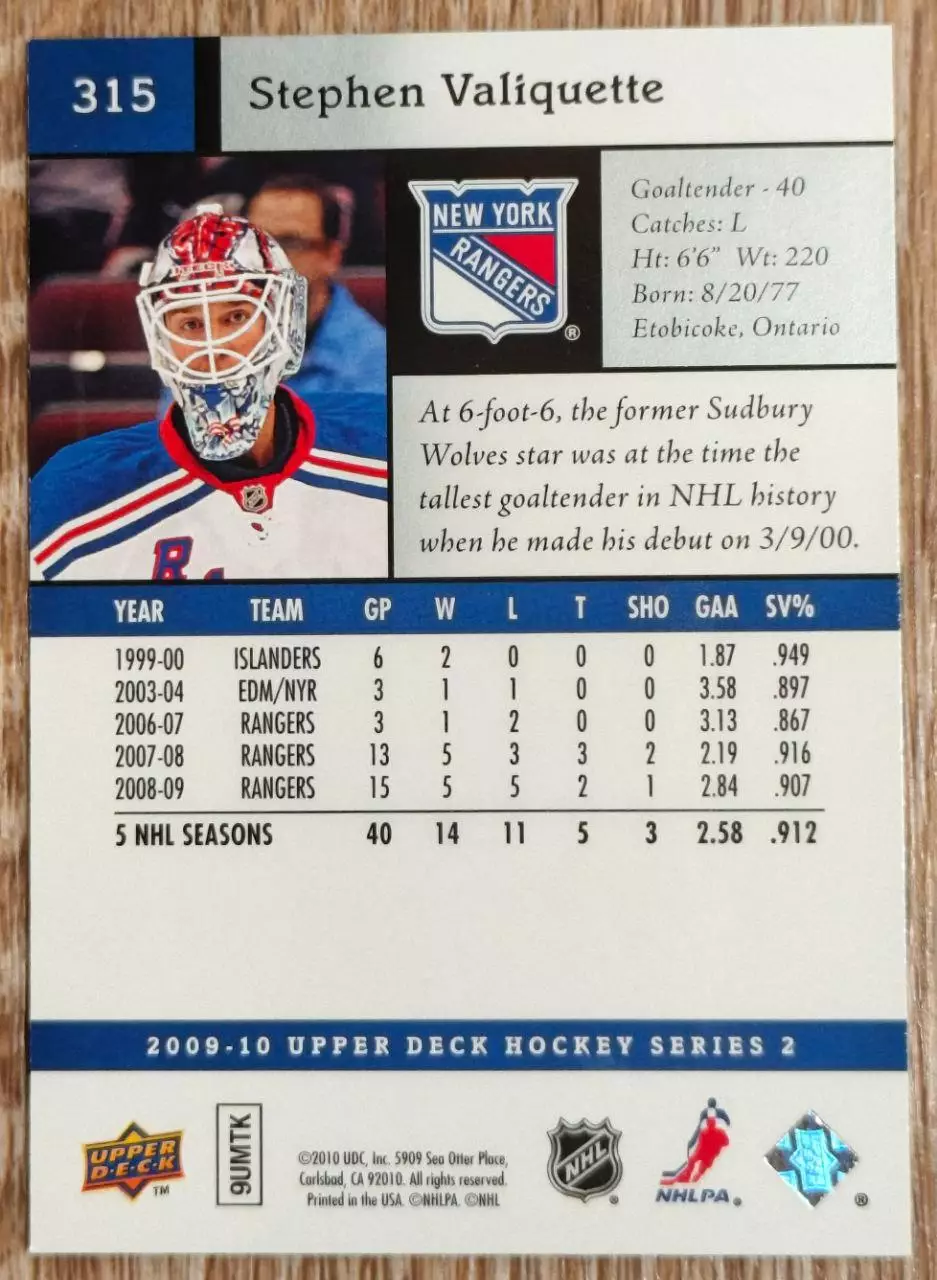 Карточка NHL. Стивен Валикетт/Stephen Valiquette Нью-Йорк Рейнджерс 1