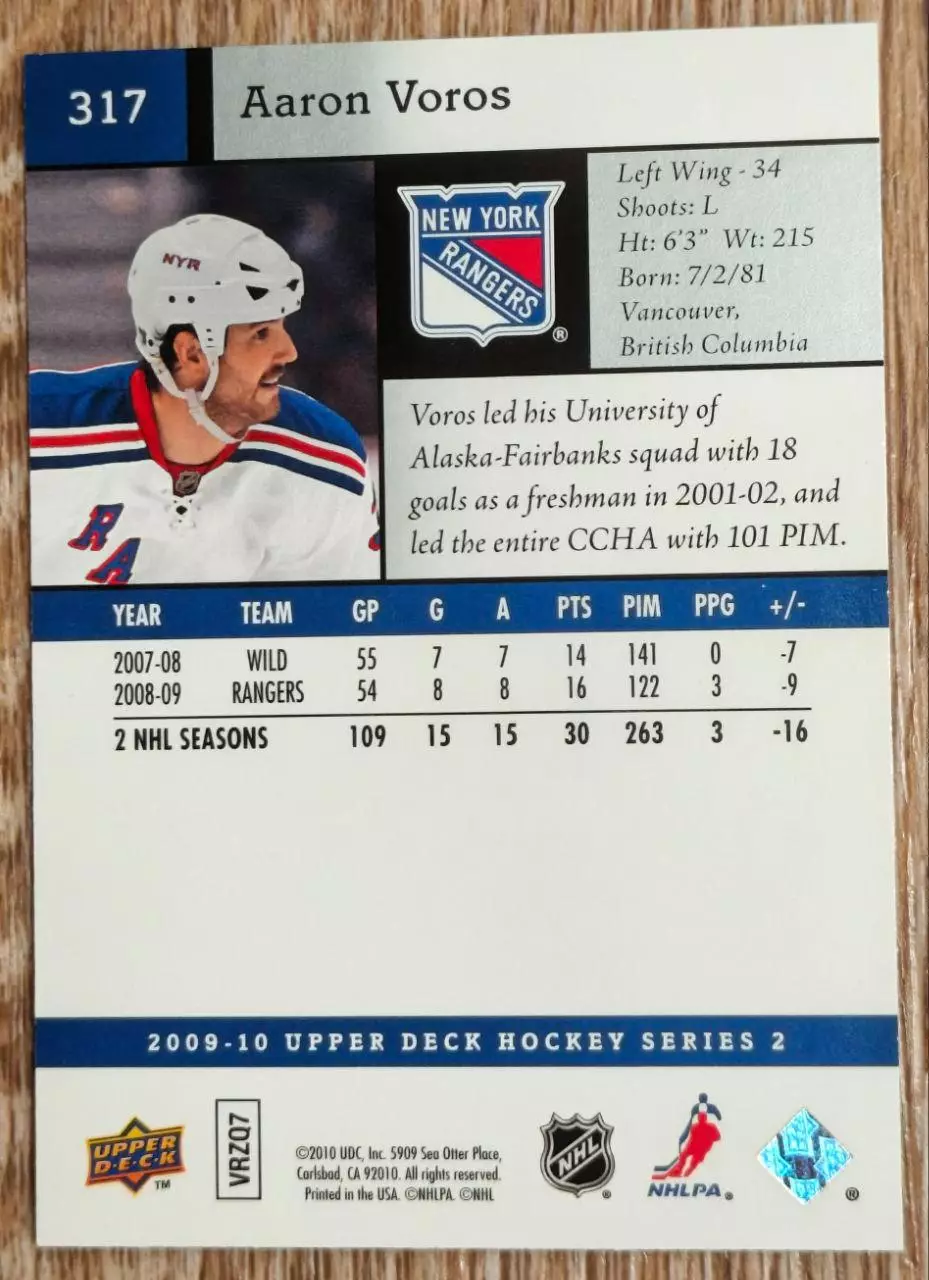 Карточка NHL. Аарон Ворос/Aaron Voros Нью-Йорк Рейнджерс 1