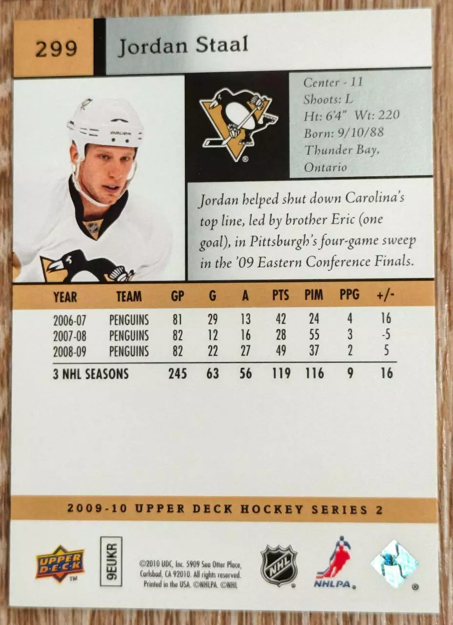 Карточка NHL. Джордан Стаал/Jordan Staal Питтсбург 1