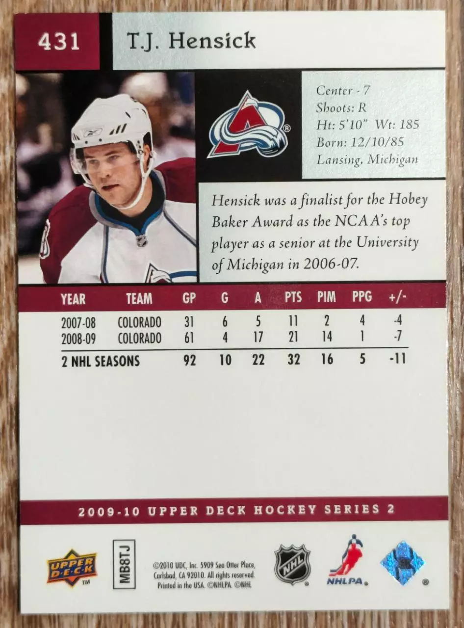 Карточка NHL. Ти Джей Хенсик/T.J Hensick Колорадо 1