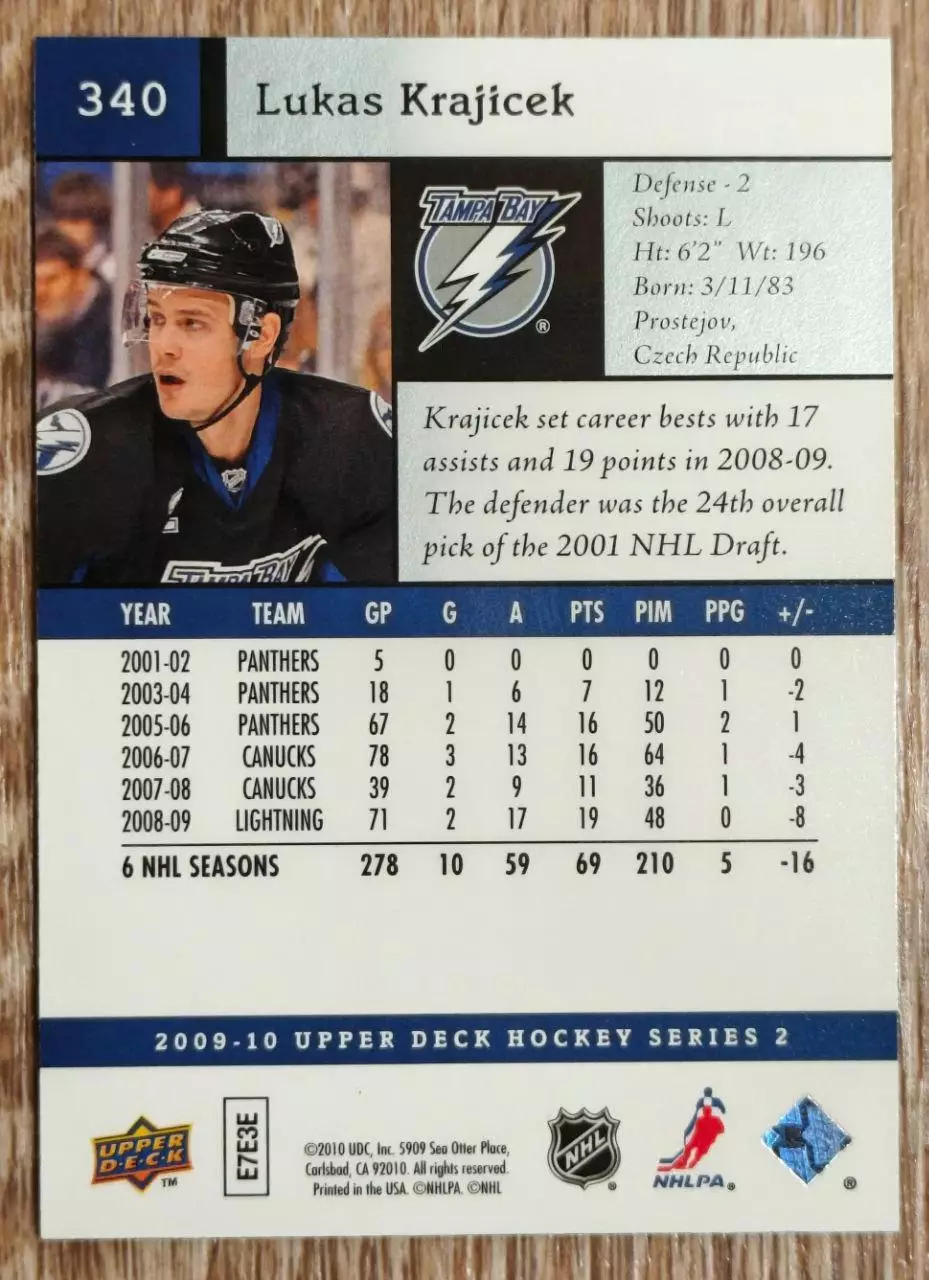 Карточка NHL. Лукаш Крайчек/Lukas Krajicek Тампа 1