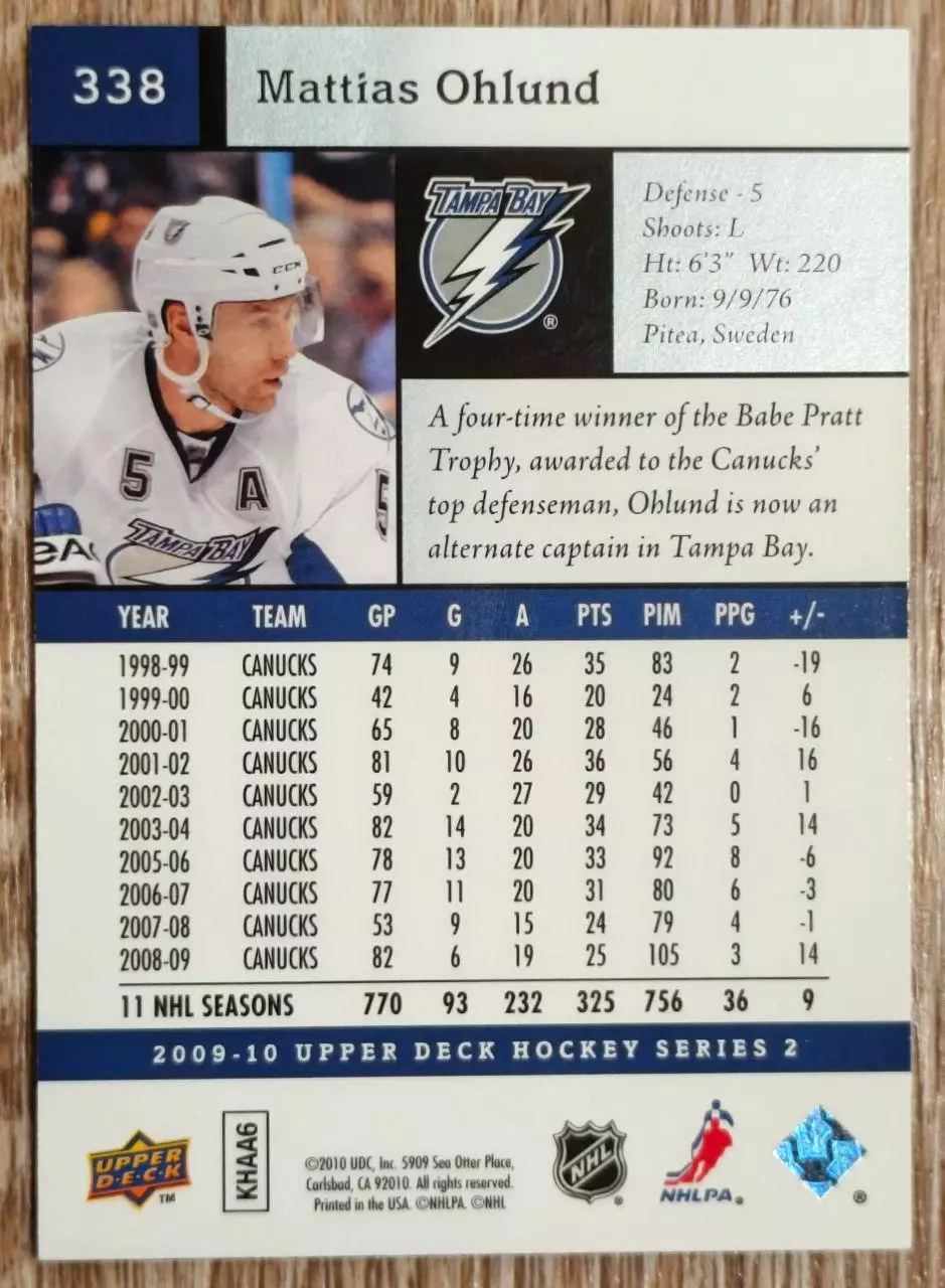 Карточка NHL. Маттиас Олунд/Mattias Ohlund Тампа 1