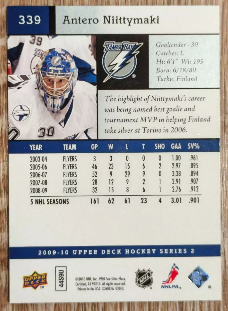 Карточка NHL. Антеро Нийттюмяки/Antero Niittymaki Тампа 1