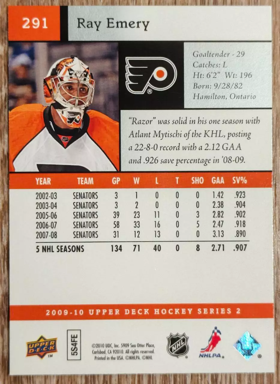 Карточка NHL. Рэй Эмери/Ray Emery Филадельфия 1