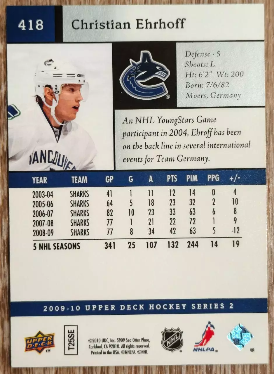 Карточка NHL. Кристиан Эрхофф/Christian Ehrhoff Ванкувер 1