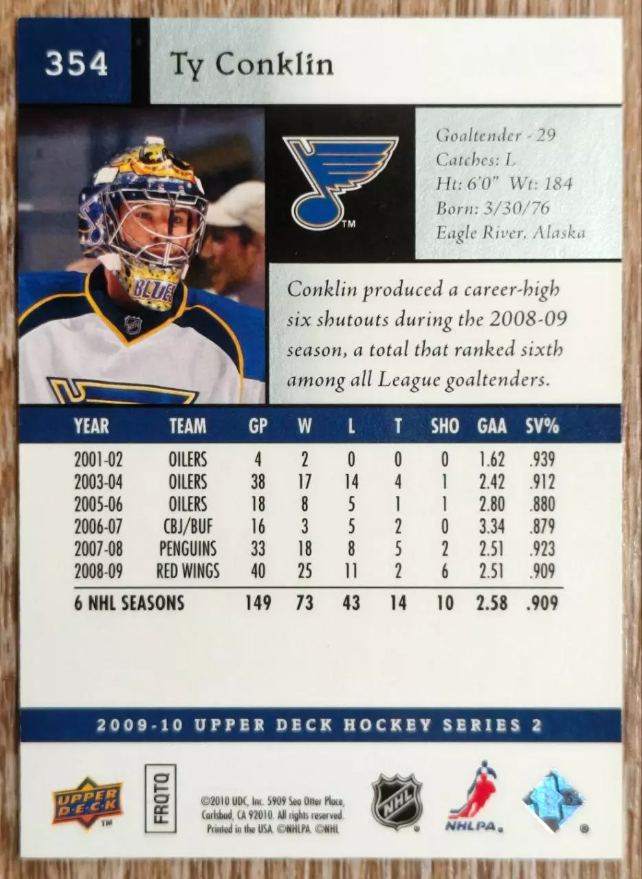 Карточка NHL. Тай Конклин/Ty Conklin Сент-Луис 1