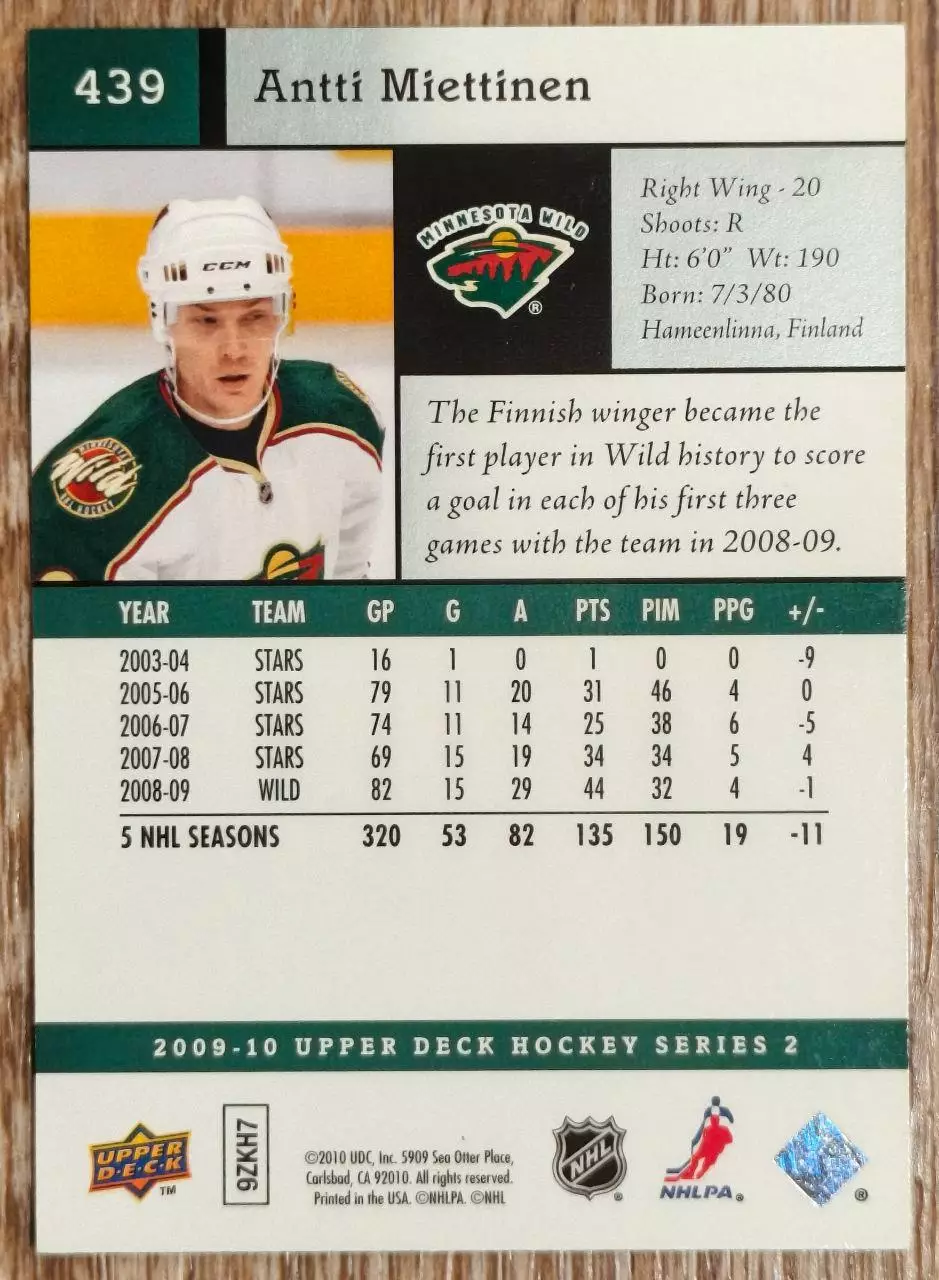Карточка NHL. Антти Миеттинен/Antti Miettinen Даллас 1