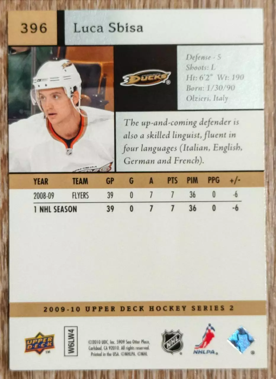 Карточка NHL. Лука Сбиса/Luca Sbisa Анахайм 1