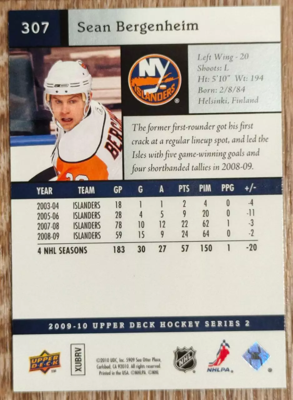 Карточка NHL. Шон Бергенхайм/Sean Bergenheim Нью-Йорк Айлендерс 1