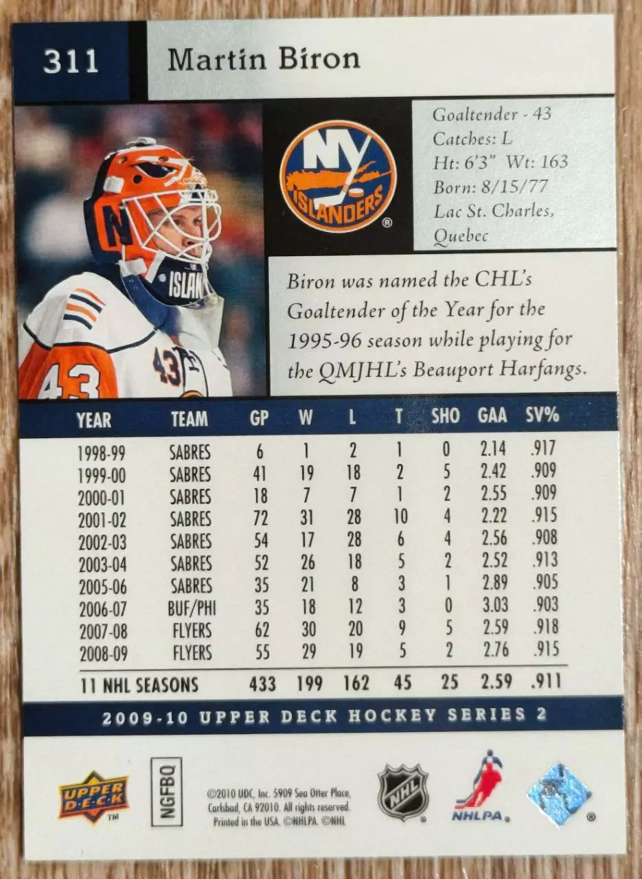 Карточка NHL. Мартин Бирон/Martin Biron Нью-Йорк Айлендерс 1