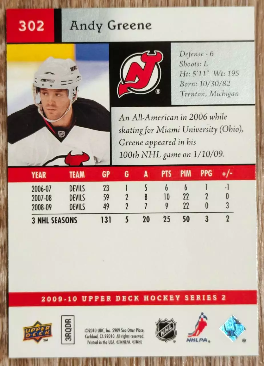 Карточка NHL. Энди Грин/Andy Greene Нью-Джерси 1