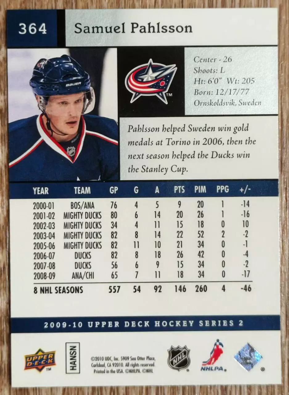 Карточка NHL. Самуэль Польссон/Samuel Pahlsson Коламбус 1