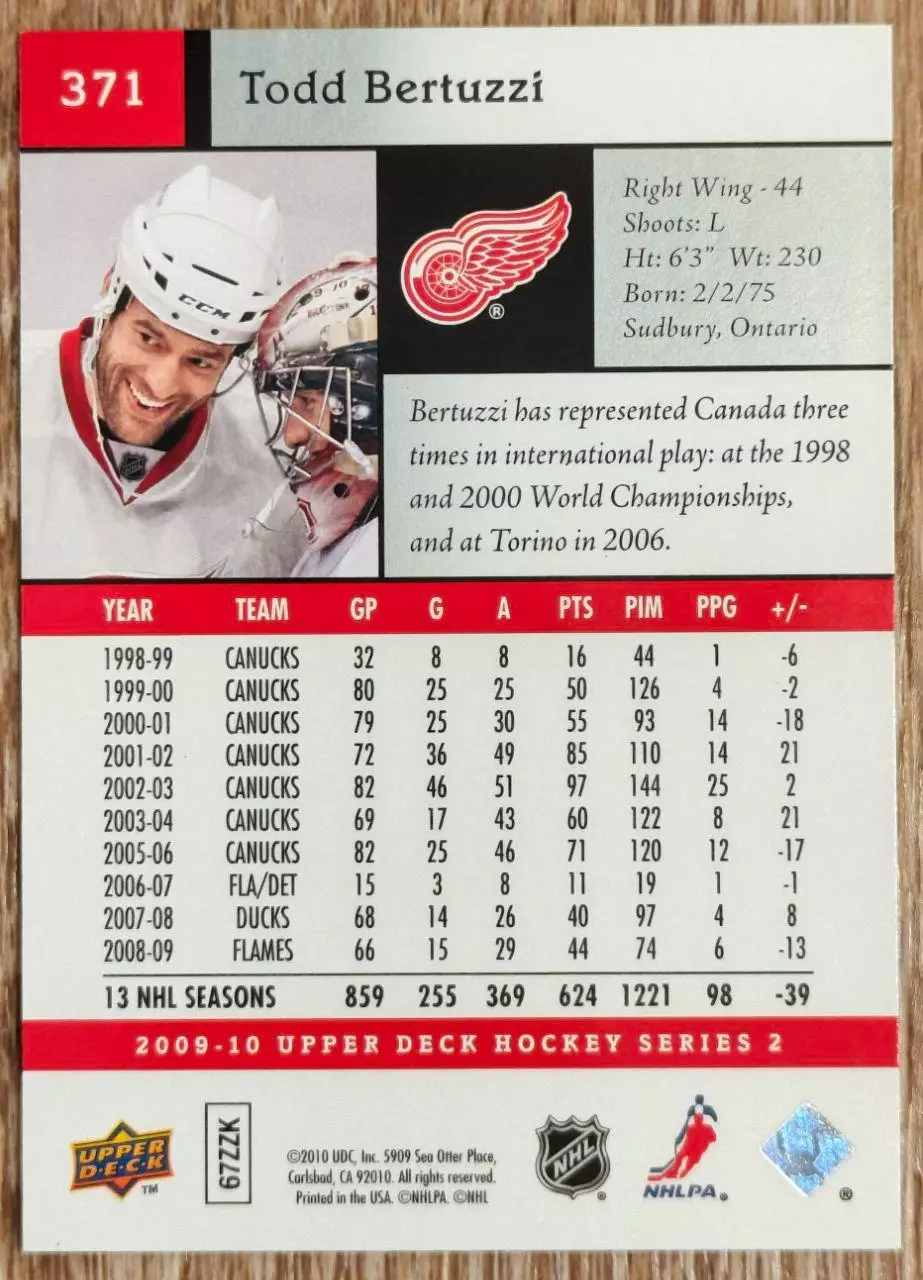 Карточка NHL. Тодд Бертуцци/Todd Bertuzzi Детройт 1