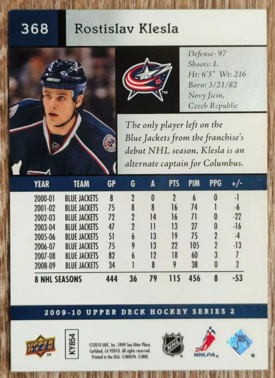 Карточка NHL. Ростислав Клесла/Rostislav Klesla Коламбус 1