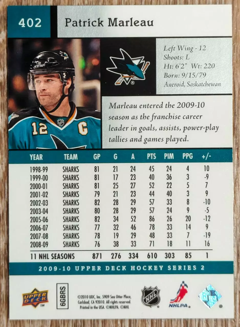 Карточка NHL. Патрик Марло/Patrick Marleau Сан-Хосе 1