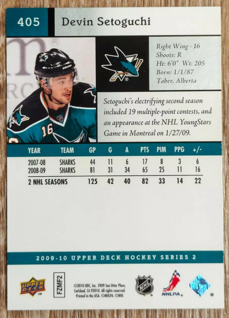 Карточка NHL. Девин Сетогучи/Devin Setoguchi Сан-Хосе 1