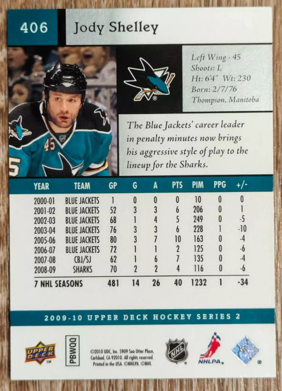 Карточка NHL. Джоди Шелли/Jody Shelley Сан-Хосе 1