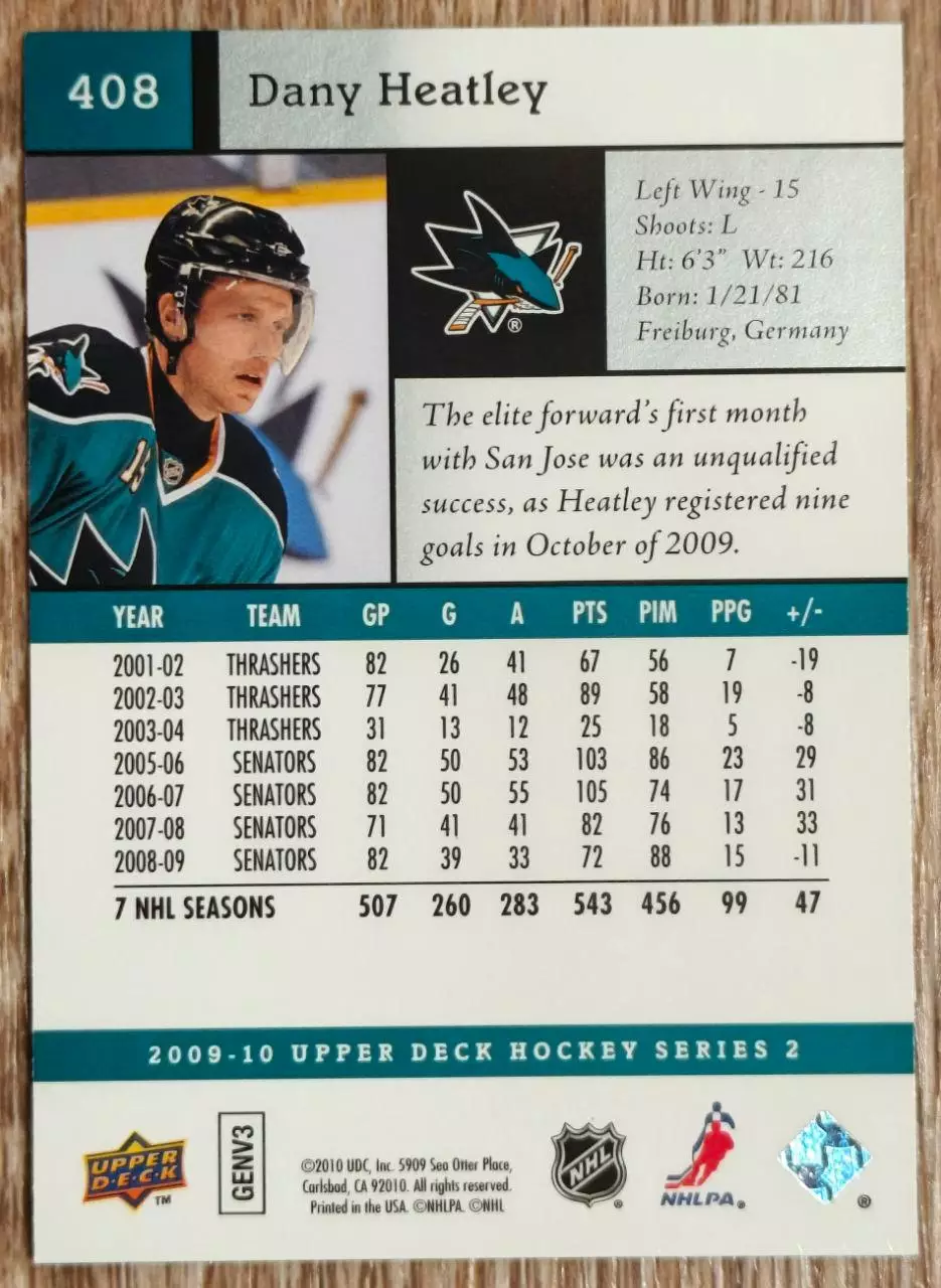 Карточка NHL. Дэни Хитли/Dany Heatley Сан-Хосе 1