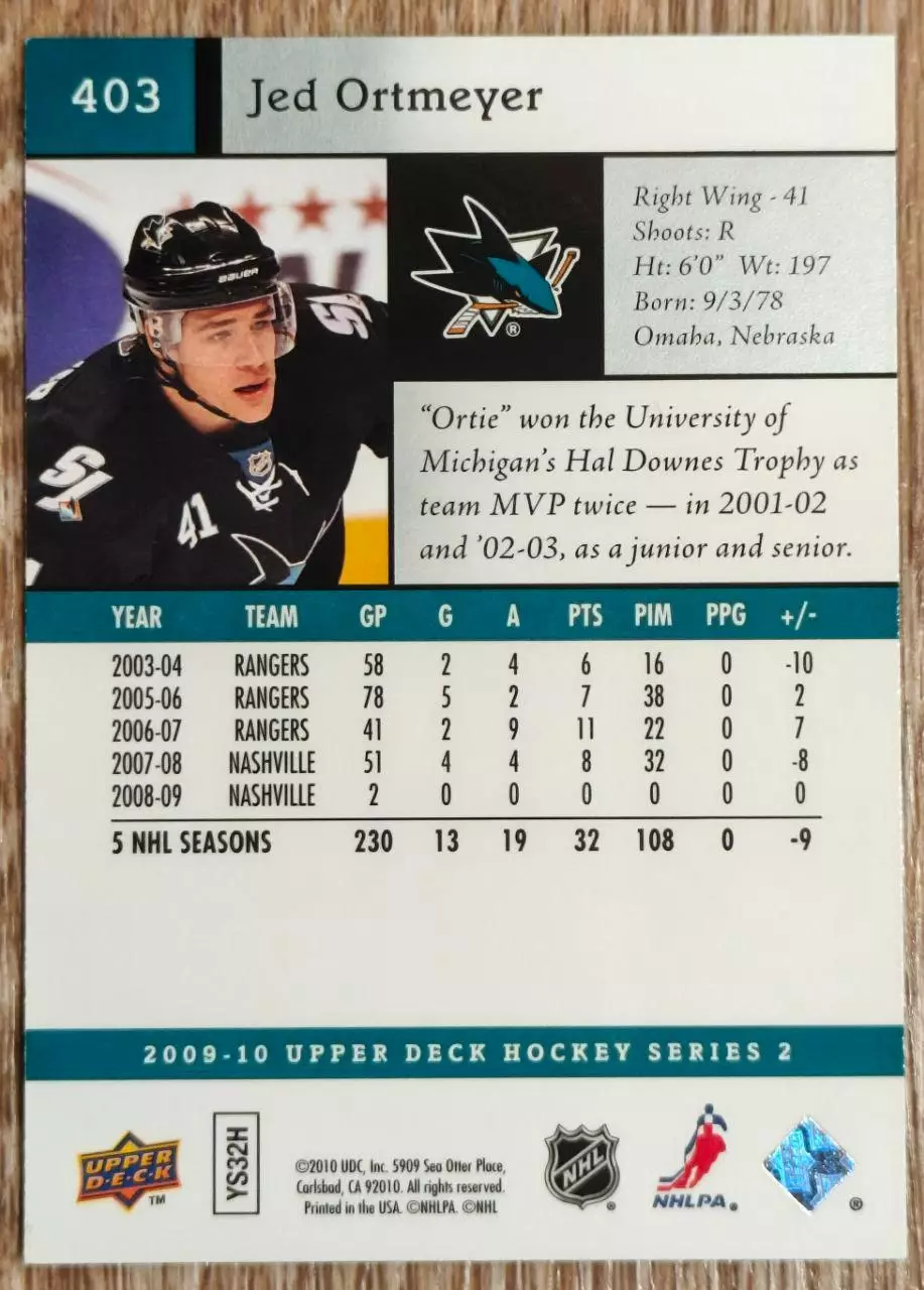 Карточка NHL. Джед Ортмайер/Jed Ortmeyer Сан-Хосе 1