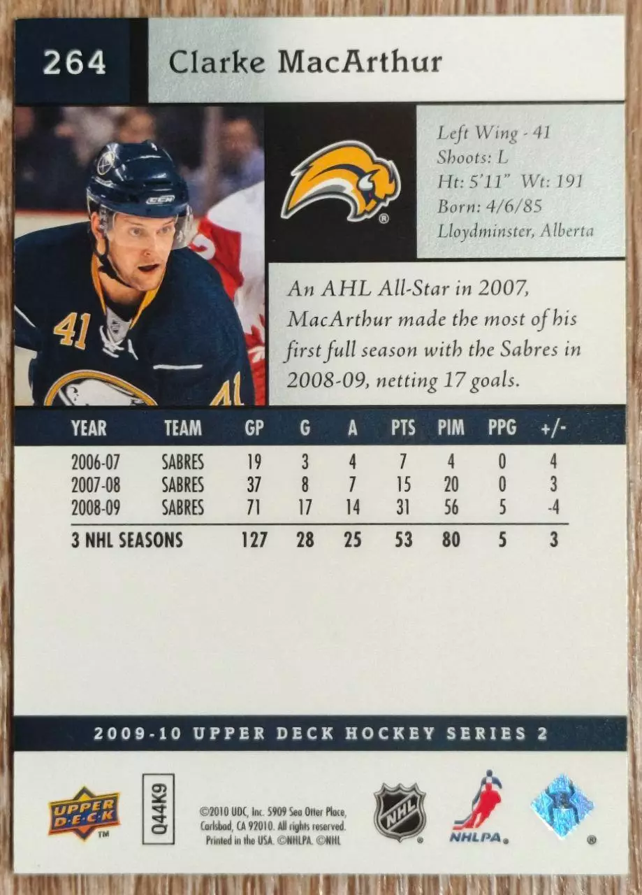 Карточка NHL. Кларк Макартур/Clarke MacArthur Баффало 1