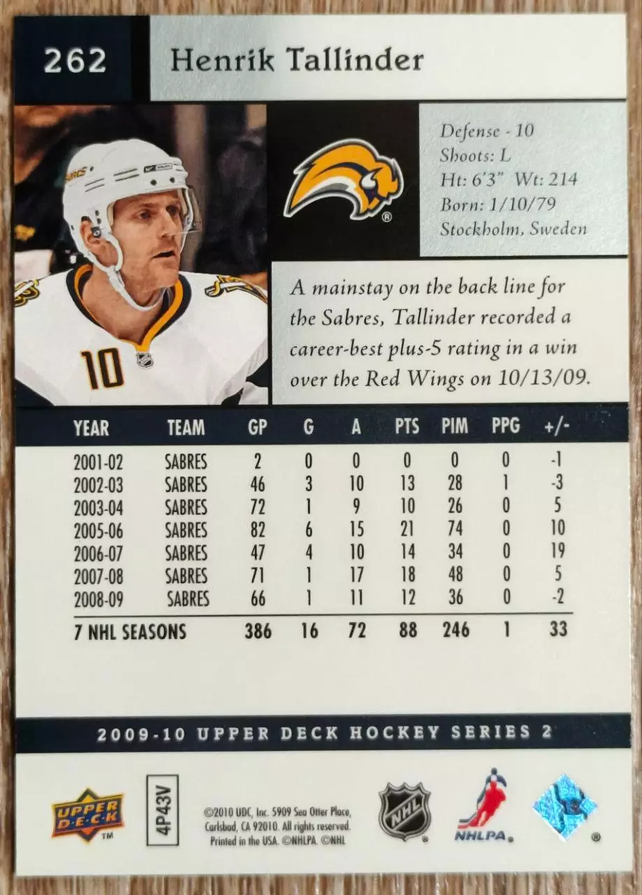 Карточка NHL. Хенрик Таллиндер/Henrik Tallinder Баффало 1