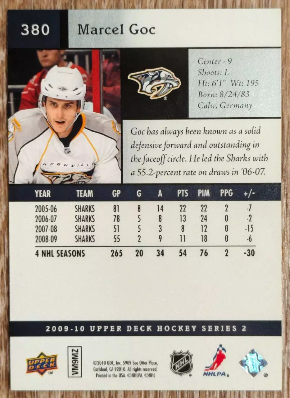 Карточка NHL. Марцель Гоч/Marcel Goc Нэшвилл 1