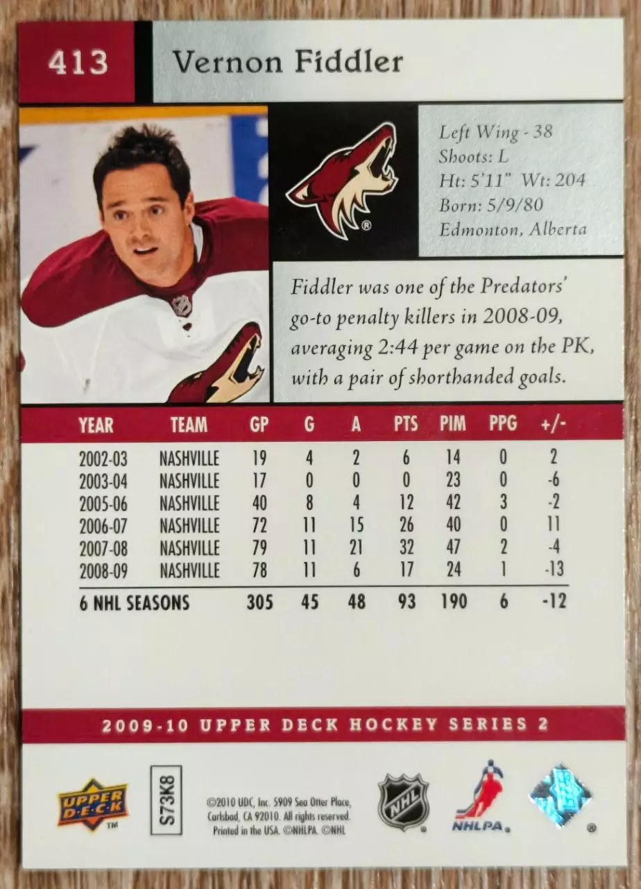 Карточка NHL. Вернон Фиддлер/Vernon Fiddler Финикс 1